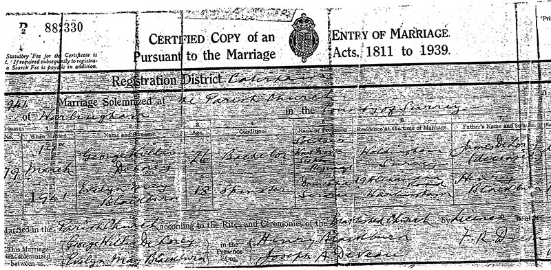 Old certified copy of a marriage certificate.