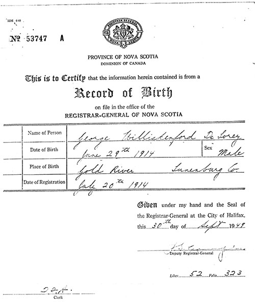 Old white paper with record of Birth details.