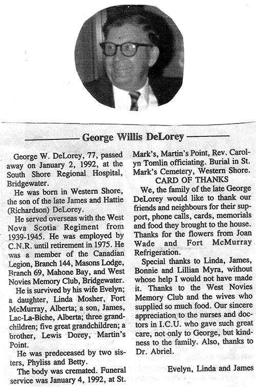 A newspaper cutting of the obituary of George DeLorey.