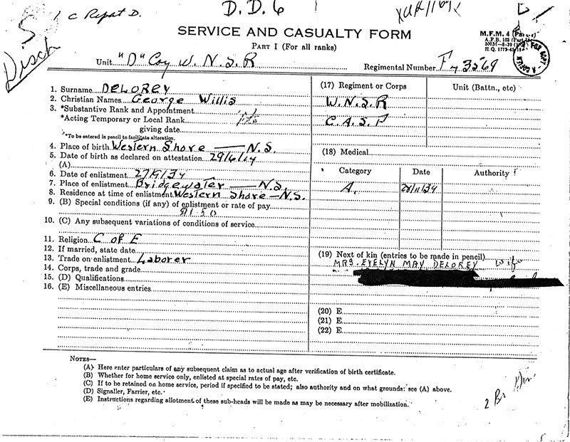Old white paper titled Service and Casualty Form.