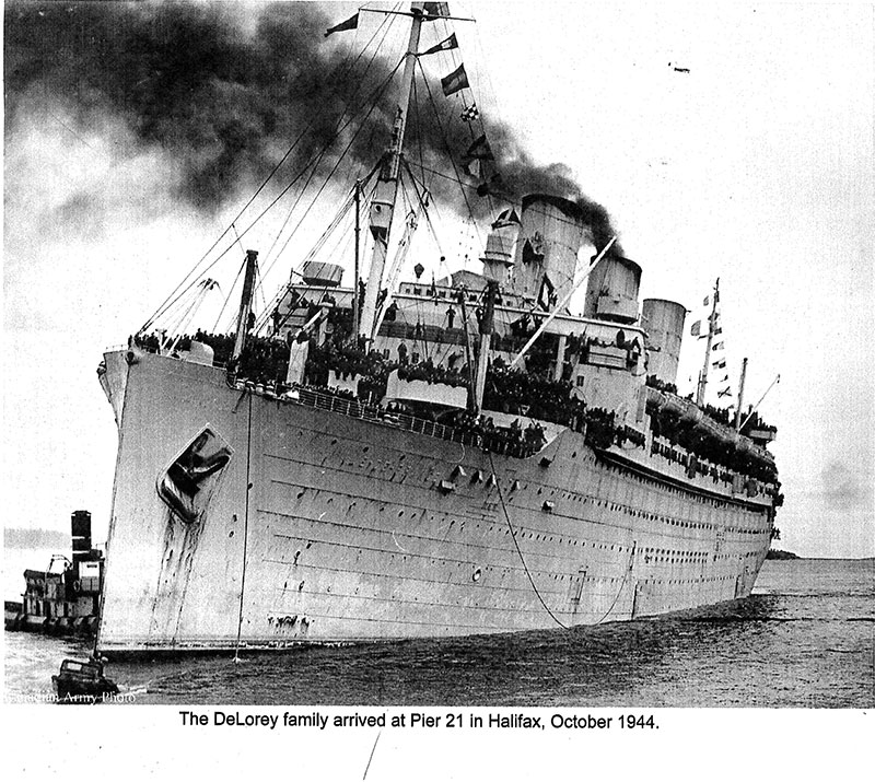 Archival image of huge ship with black smoke billowing from its smokestack.