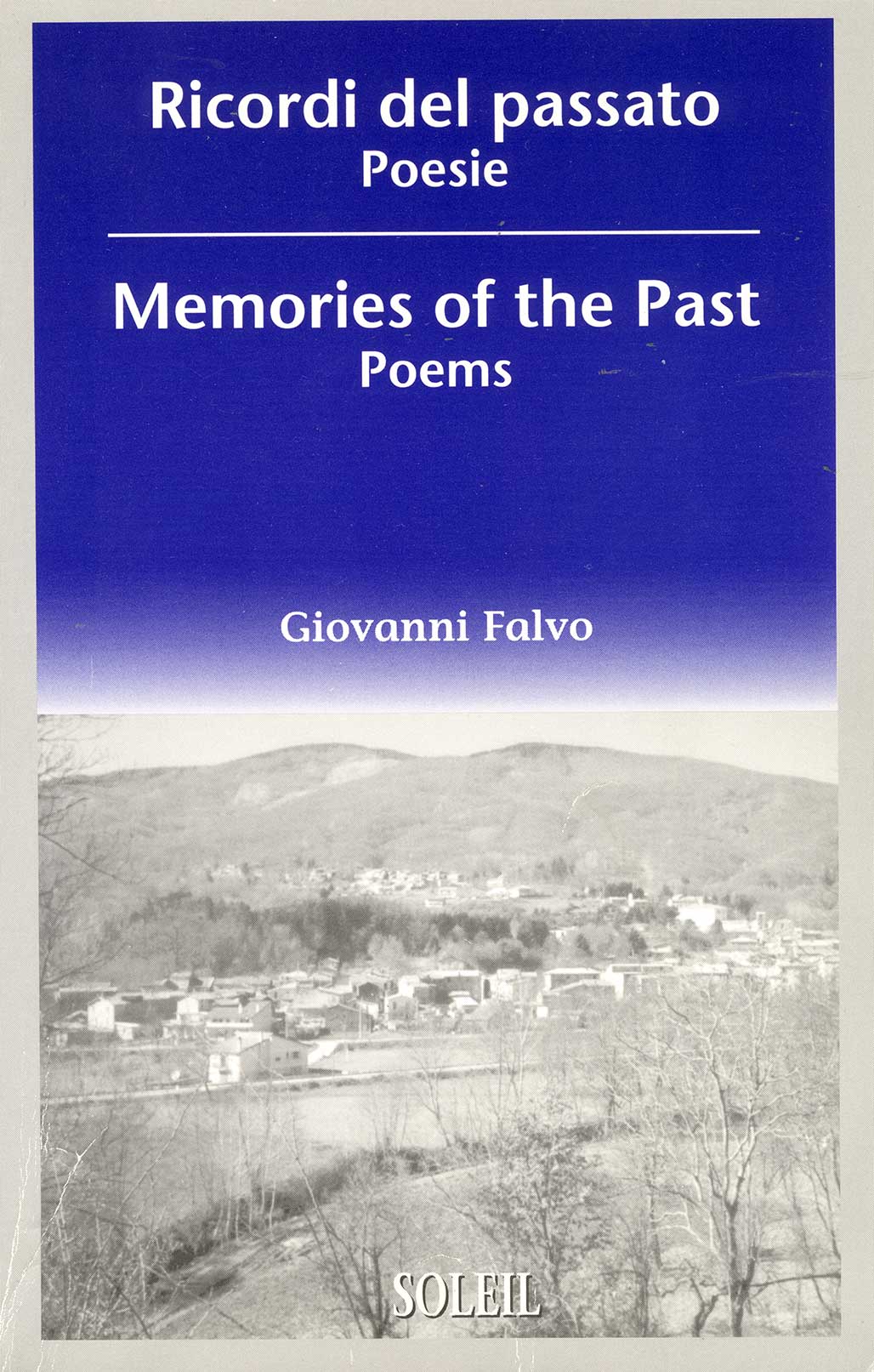 A blue book cover with writing in Italian and the translation in English: Memories of the Past Poems. 
