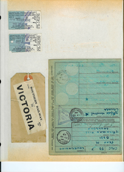 Passenger tickets, luggage tag marked Victoria and blue identity card.