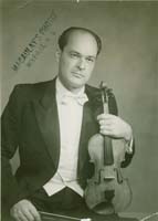 Portrait of young Janis in white tie and tails, holding a violin.