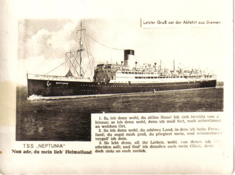 Archival image of a big ship with some content in french on the side.