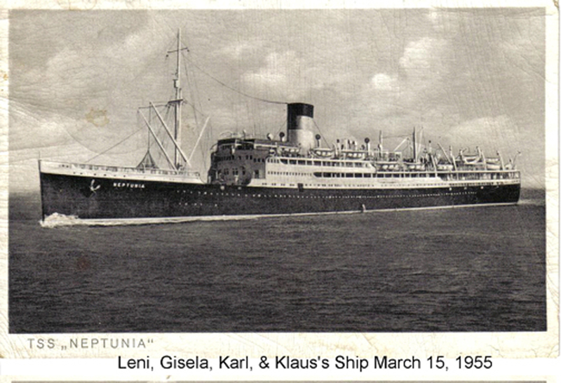 Archival image of a big ship titled Leni, Gisela, Karl and Klaus's ship. March 15, 1955.