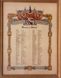Colourful scroll with names, coats of arms, and title reading Roll of Honour.