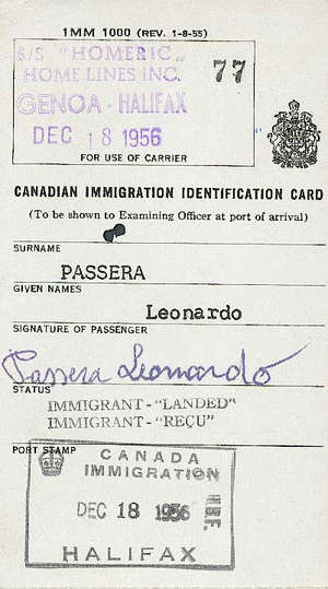 Canadian Immigration Identity Card, stamped Dec 18, 1956.