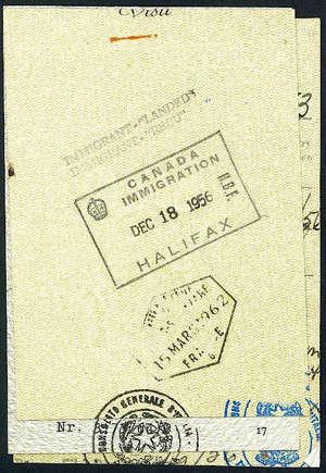 Pages taken from passport, showing Canadian Immigration stamp.