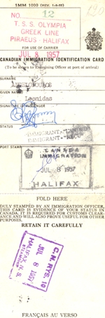 Canadian immigration landing card.