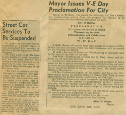 Old newspaper article with the title Mayor Issues V E Day Proclamation For City.