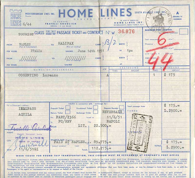 Faded travel document with Home Lines written at the top in blue.