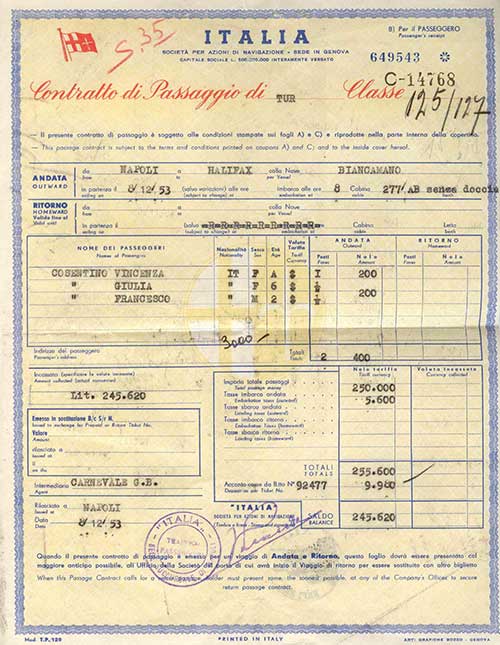 Faded travel document with lots of Italian writing and amounts in Italian currency
