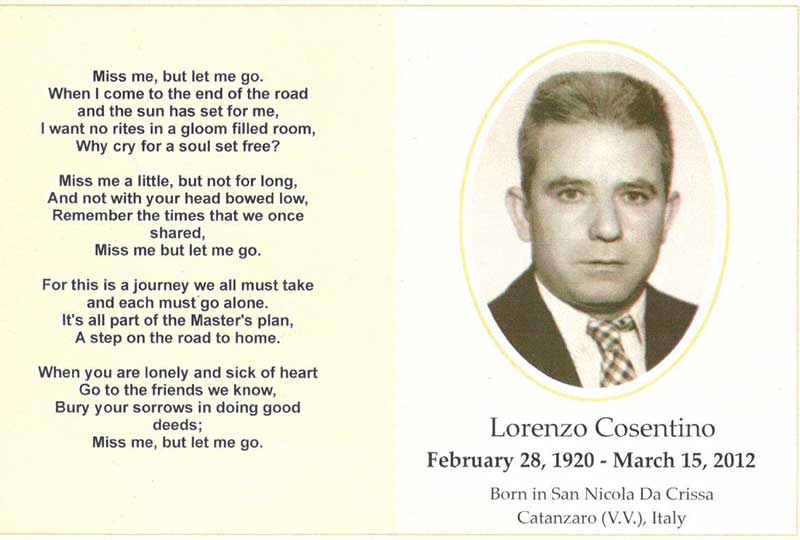 A memorial card for Lorenzo Cosentino with his photo and the dates February 28, 1920 to March 15, 2012.