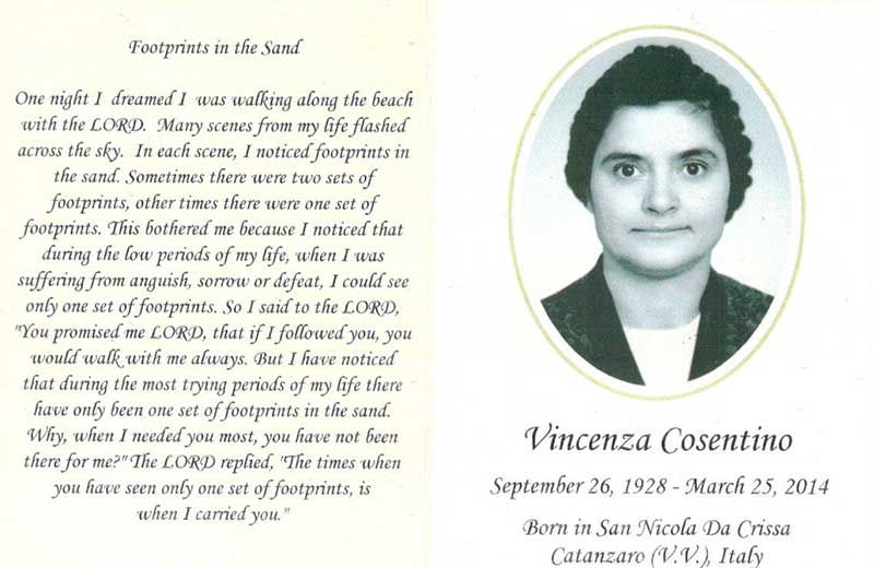 A memorial card for Vicenza Cosentino with her photo and the dates September 26, 1928 to March 25, 2014.