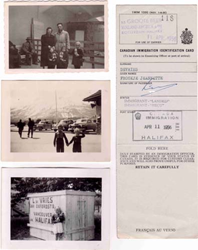 Photographs showing the family, the Banff bus station, a packing box and an ID card.