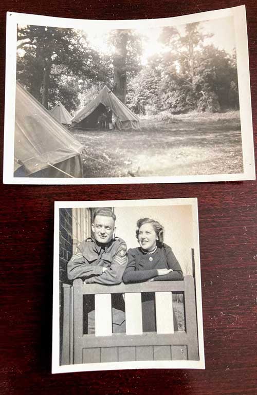 Two black and white photos are pasted on a piece of paper, the first shows a garden and the second shows a young couple.