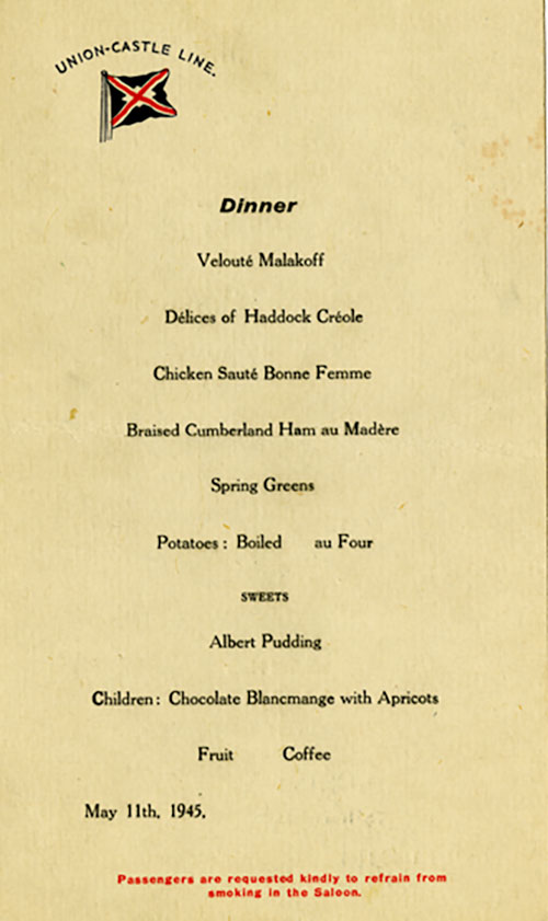 On ship - Union Castle Line - menu for breakfast, lunch, dinner dated May 11, 1945.