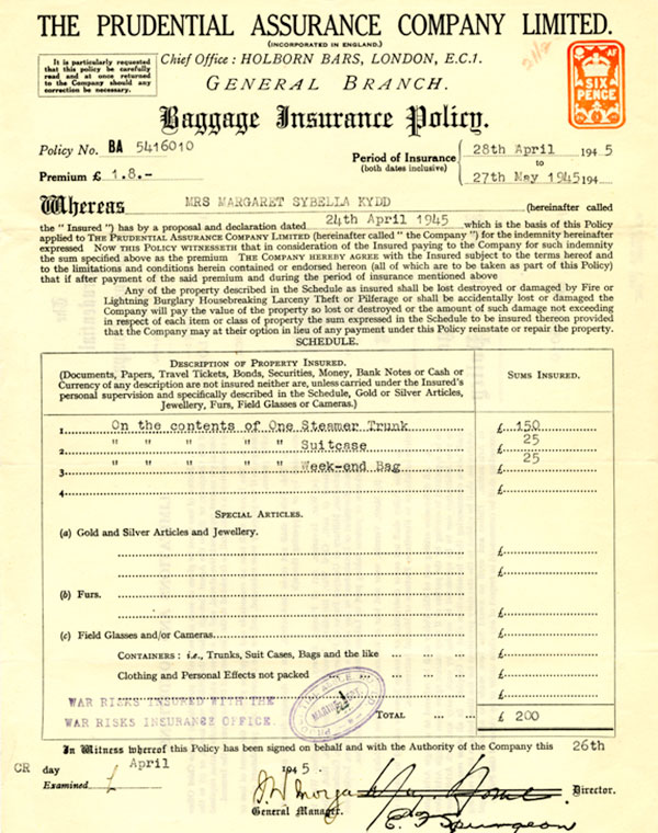 Baggage Insurance Policy from The Prudential Assurance Company Limited.