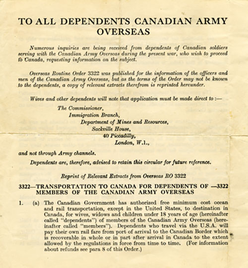 Dept of National Defense Circular to All Dependents: Your Journey to Canada.