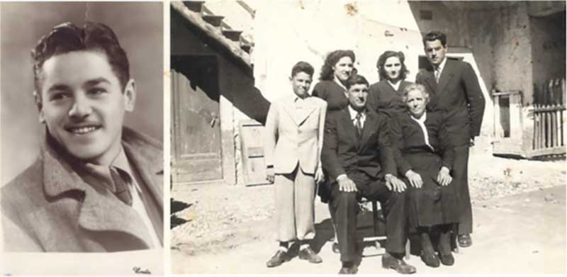 Two images side by side, showing a young smiling man on the left, and a family seated outside a house on the right, waiting for their photo to be taken.