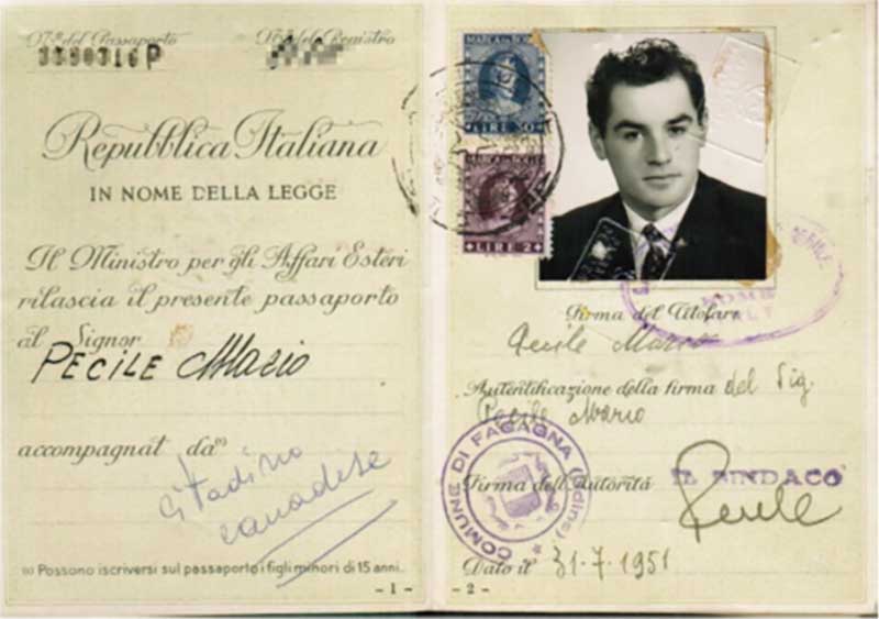 Photo page of an old Italian passport.