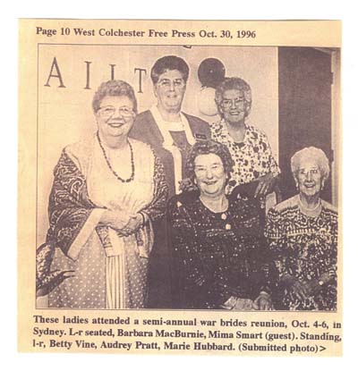Faded newspaper clipping showing Barbara and four other War Brides.