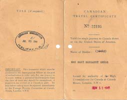 Cover of old document reading Canadian Travel Certificate.