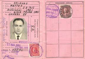 Pink travel document with photo of Matteo and stamps.
