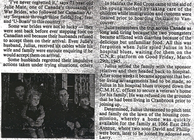 Old, pieced-together newspaper clipping with caption War bride never regretted it.