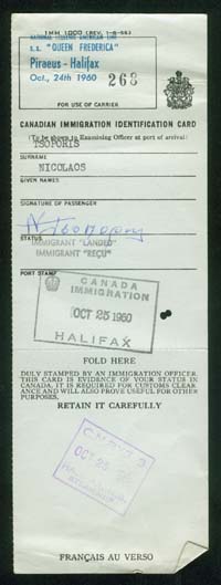Canadian Immigration Identification Card of Nikolas Tsoporis.