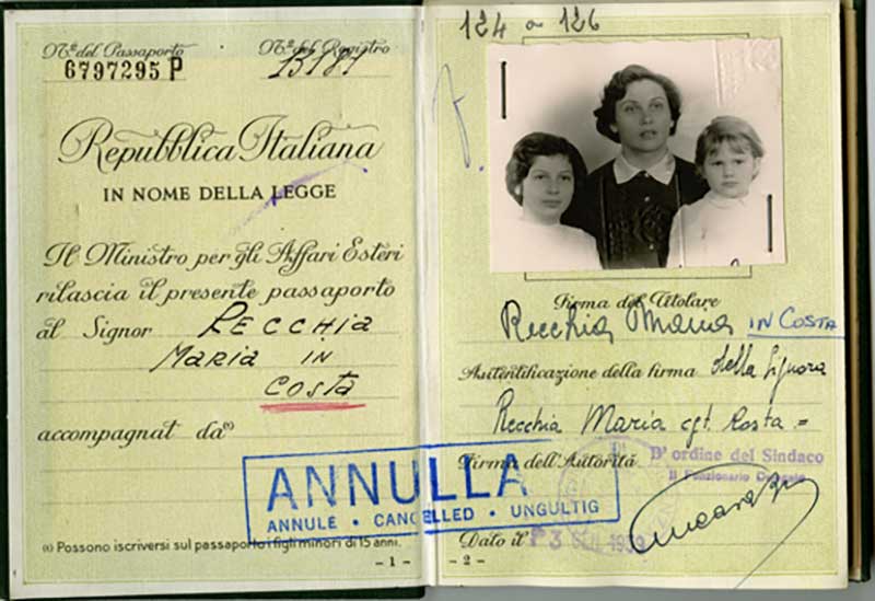 Photo page of old Italian passport, showing a woman and two children.
