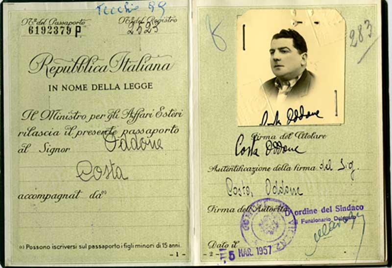 Photo page of old Italian passport, with March 5, 1957 stamped on it.