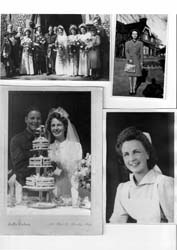 A collage of photos depicting Olive's wedding day as well as one of her in nursing uniform.
