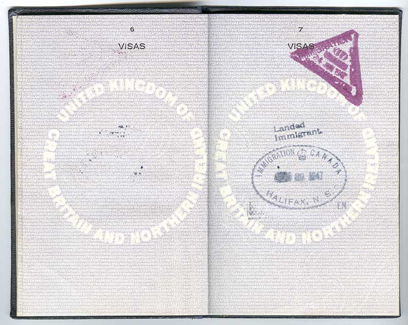 Grey pages with page 6 & 7 heading of Visas and landed Immigration stamp.