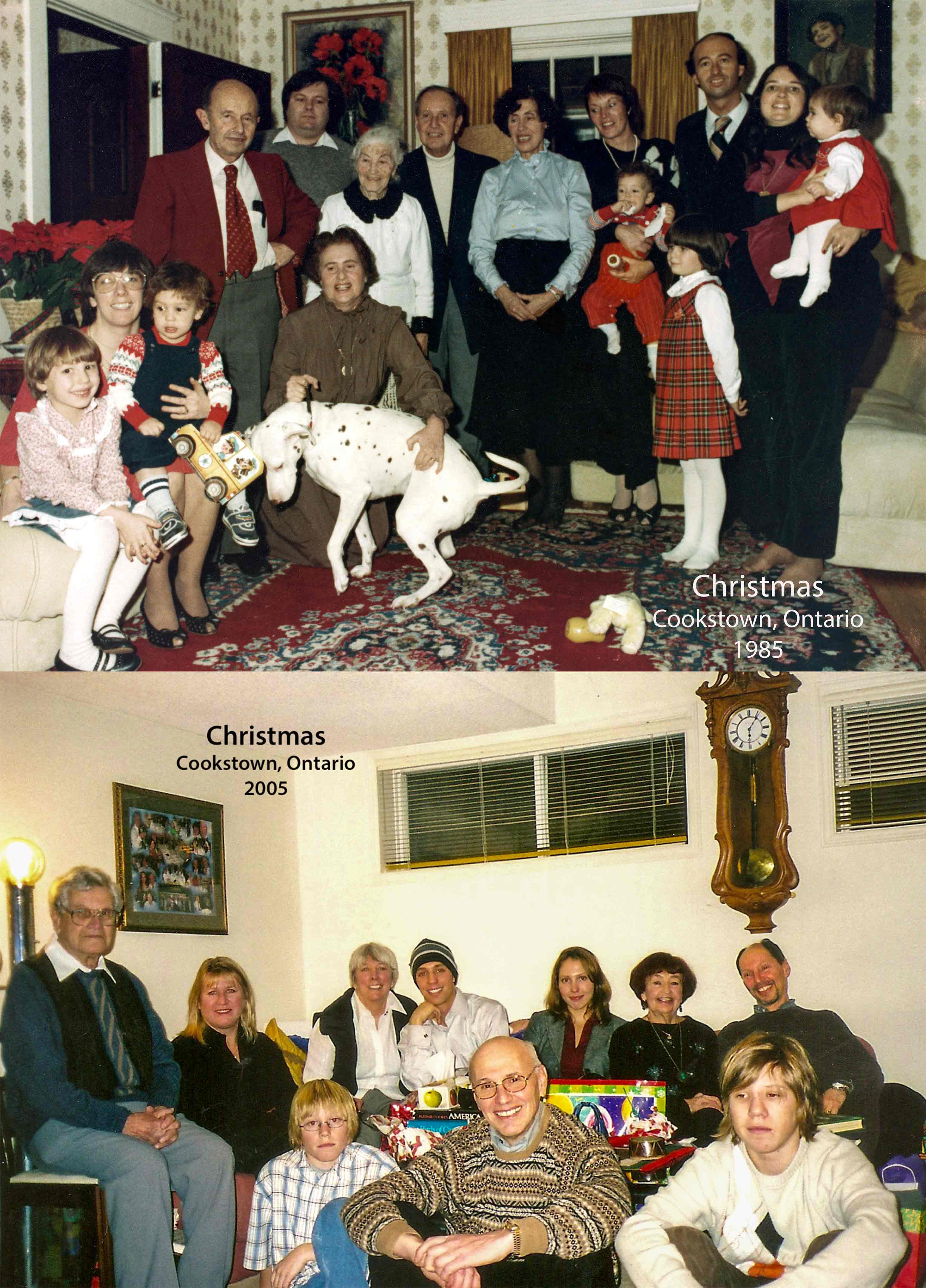 Two photos of a white family gathered together for Christmas in 1985 and 2005.