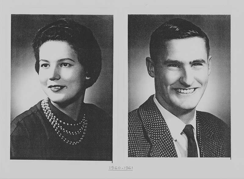Two head and shoulders portraits side by side, a woman on the left and a man on the right. Both are smiling broadly.