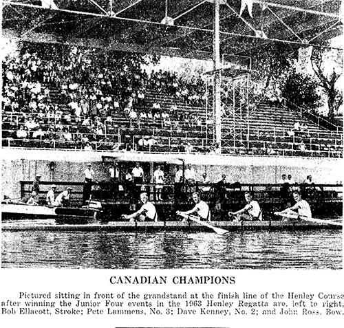 Old newspaper clipping of four young men sitting in a racing boat, title of the clipping is Canadian Champions.