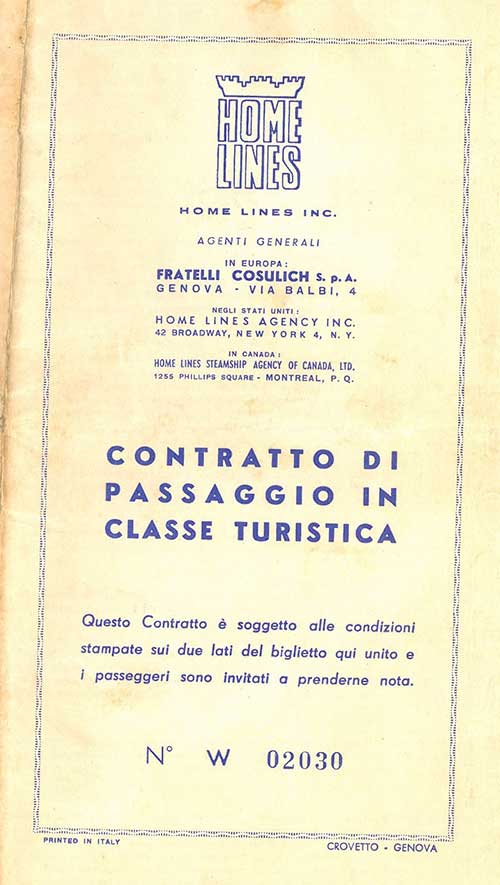 Old off-white paper with heading of Home Lines in Italian, printed in Italy.