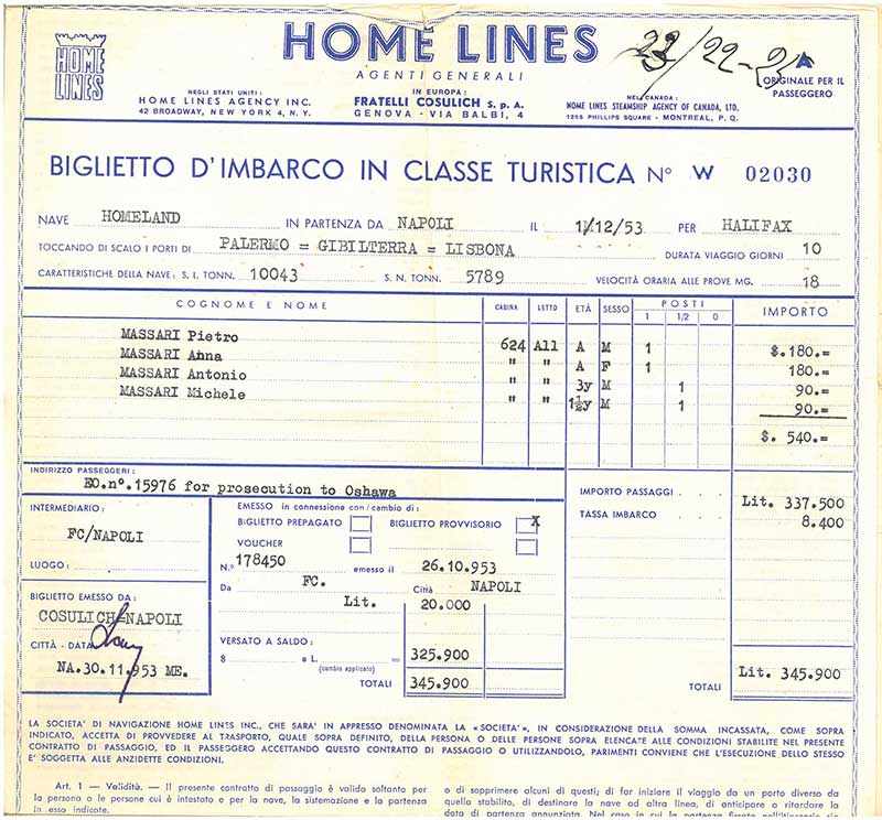 Home Lines invoice with passenger details.