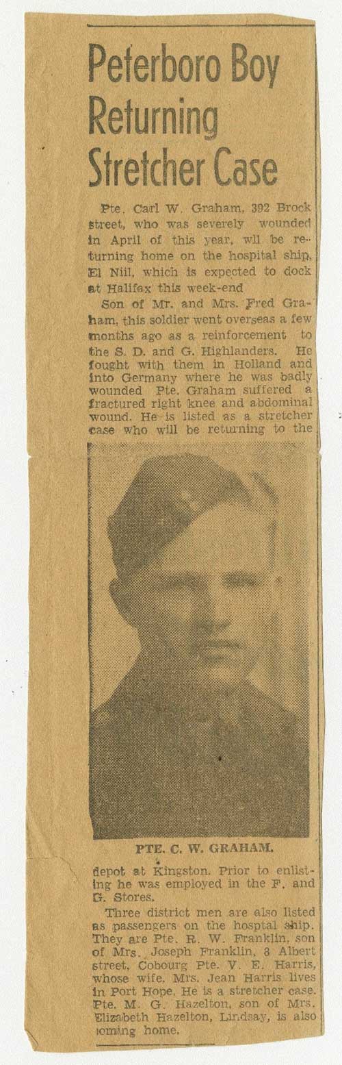 Newspaper clipping with title Peterboro Boy Returning Stretcher Case.