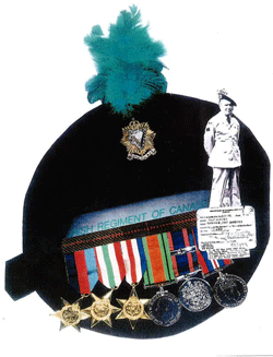 A collage of articles including beret with feather, stars, medals, and small photo of Charles in uniform.