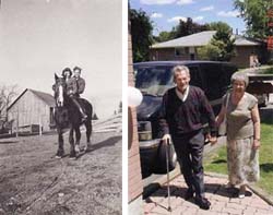 Side-by-side photos of young couple on horse and older couple walking on stone steps.