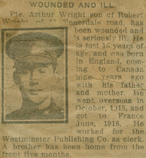 Old, faded newspaper clipping with photo of Arthur, captioned Wounded and Ill.