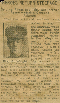 Old, faded newspaper clipping with photo of Arthur, captioned Heroes Return Steerage.