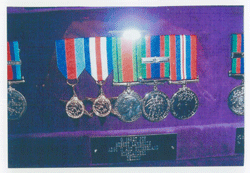 Display of medals and decorations on purple fabric. 
