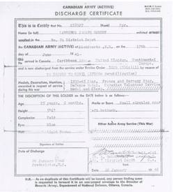 Old document entitled Canadian Army (active) Discharge Certificate.