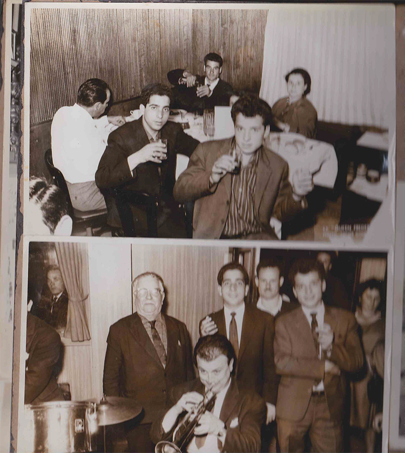Collage of two images: young men are drinking around a table and a musician plays an instrument while young men stand behind him.