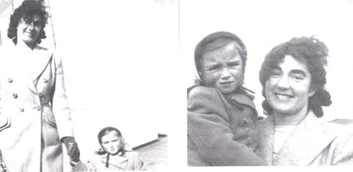 Side by side photos of young Rose in coat with small daughter, on board the ship Aquitania.