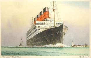 Coloured postcard showing the big ship Aquitania with smaller boats around it.